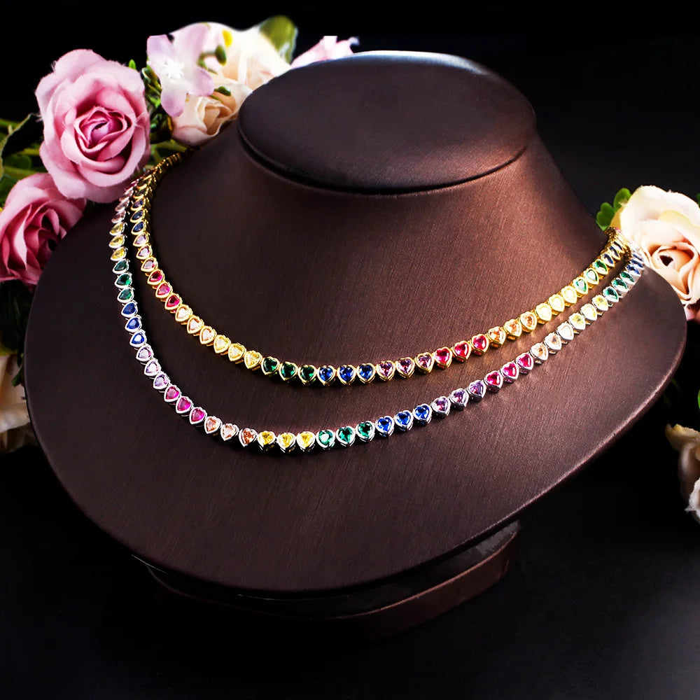 Gold Plated Multicolor Rainbow Heart Shaped Shine Cubic Zirconia Wedding Party Tennis Necklace for Women Friend Jewelry Gift