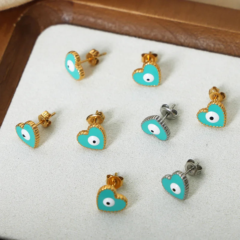 Chic Enamel Gold Plated Demon Eye Earrings No Fade Stainless Steel Evil Eyes Love Heart Stud Earrings for Women