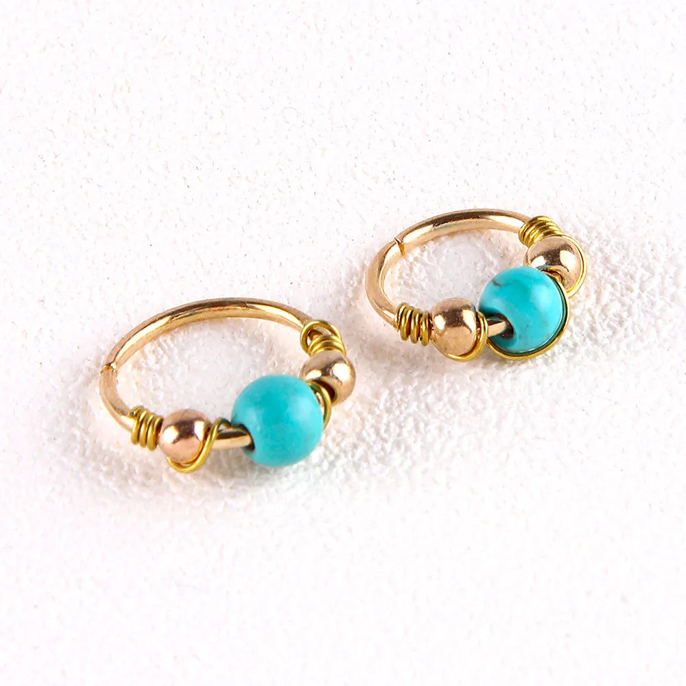 Trendy Braiding Design Gold Plated 316l Surgical Steel Nose Piercing Jewelry Natural Turquoise Nose Ring Hoop for Women