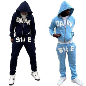 KY Distressed Applique Embroidery Full Zip up Hoodie Custom Drawstring Custom Sport Hoodies Sracksuit