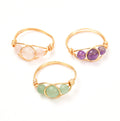INS Natural Wire Wrapped Gemstone Crystal Ring 18K Gold Amethyst Rose Quartz Green Aventurine Beads Ring DIY Adjustable Ring