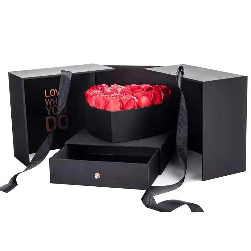 In Stock Open Door Drawer Packaging Necklace Gift Bouquet Empty Paper Box Eternal Rose Jewelry Flower Box Mother's Day Gift