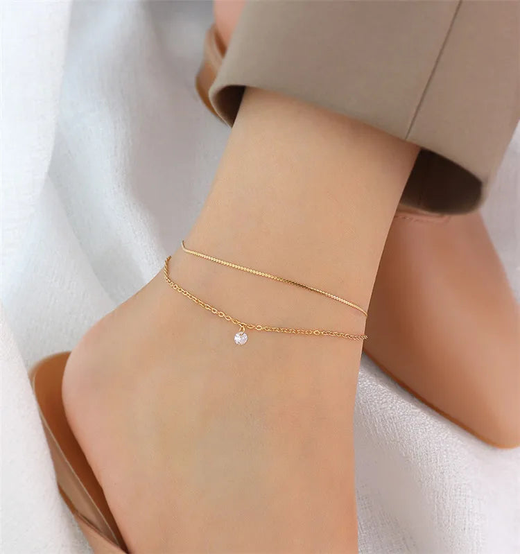 SP Elegant Style Foot Chain Jewelry Stainless Steel 18K Gold Plated Thin Chain Zircon Pendant Double Layered Anklet