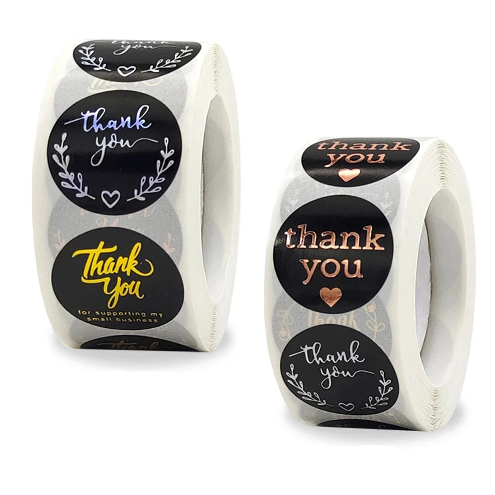 Holographic Black Gold Silver Laser Thank You Self-Adhesive Labels Custom Sticker Roll