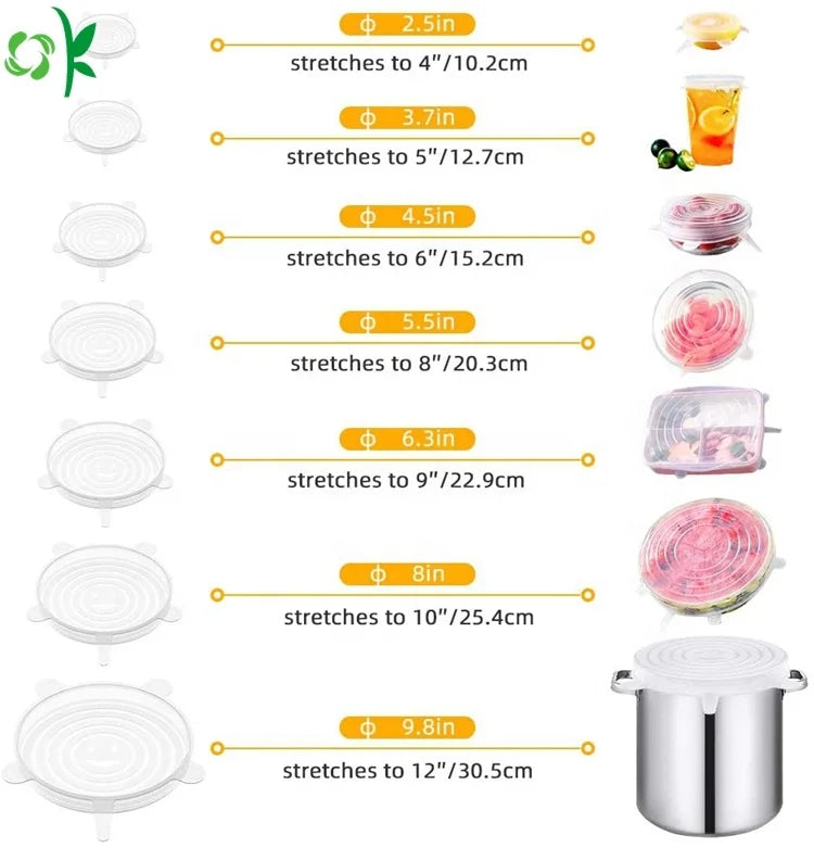 OKSILICONE Clear Food Grade Set of 7 Pieces Silicone Stretch Lids Round Shape Smile Design Various Sizes Bowl Cover Reusable Lid