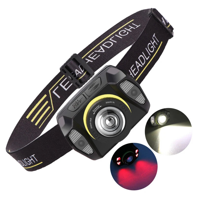 Rotating Zoom Emergency Type-c Usb Rechargeable 3w Xpe Red Cob Warning Led Wireless Motion Sensor Headlamp Headlight