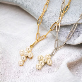 Stainless Steel Jewelry Accessories Bijoux En Acier Inoxydable 18k Gold Plated Collares Paperclip Chain Pearl Cross Necklaces