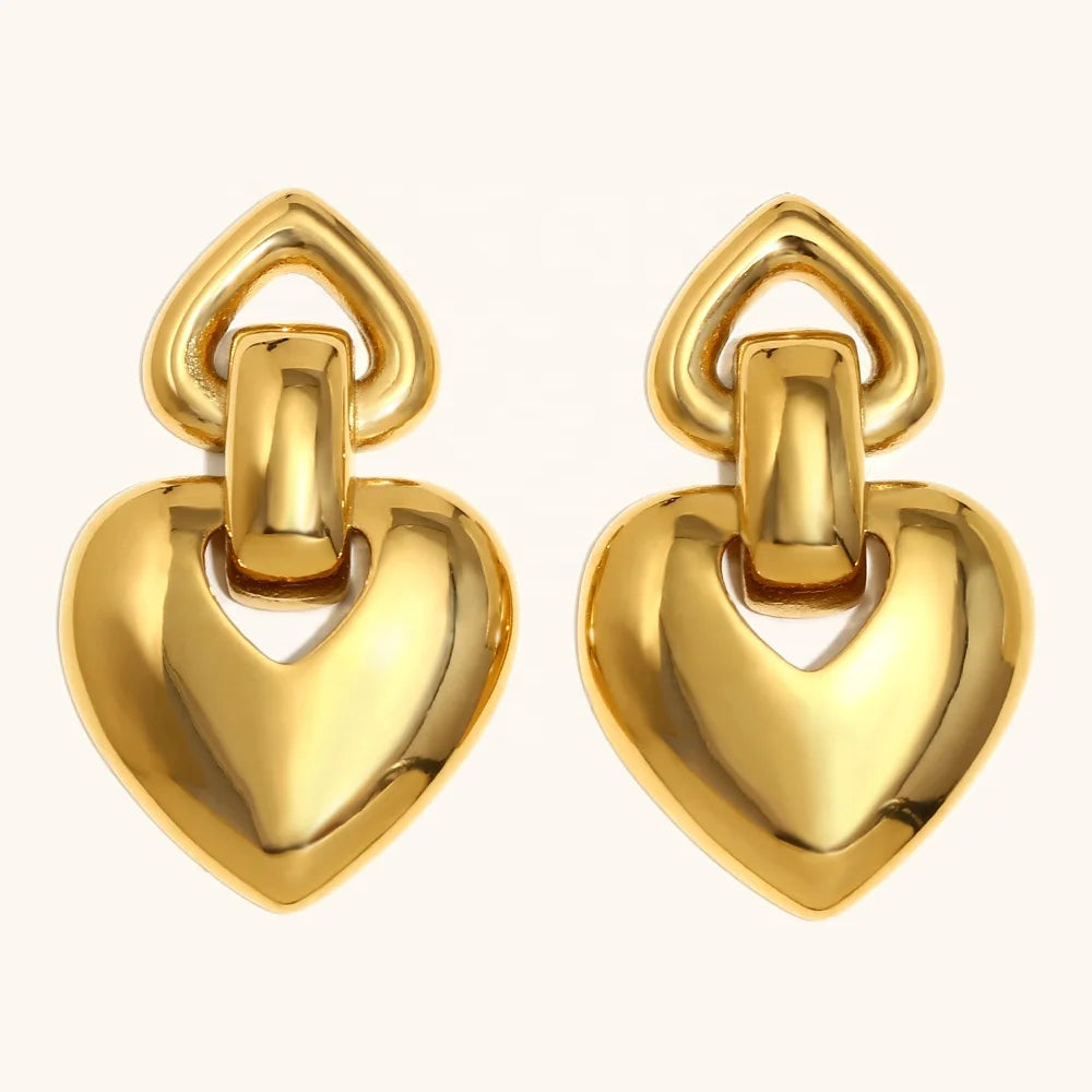 Dingran OEM ODM Wholesale Gold Plated Statement Stainless Steel Double Heart Stud Earrings for Women