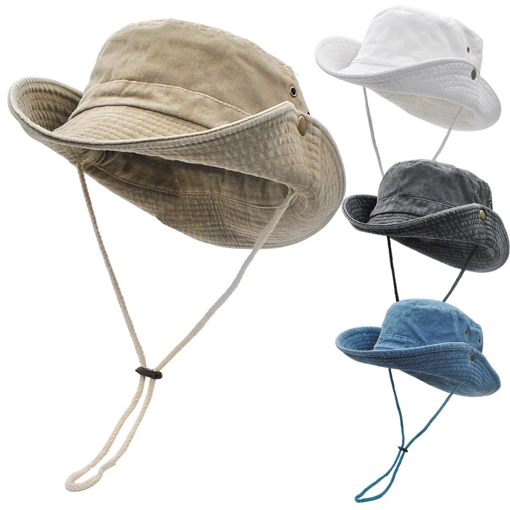 Wide Brim Unisex Fisherman Bucket Hat Outdoor Boonie Fishing Vintage Denim Washed Cap with 3D Embroidery