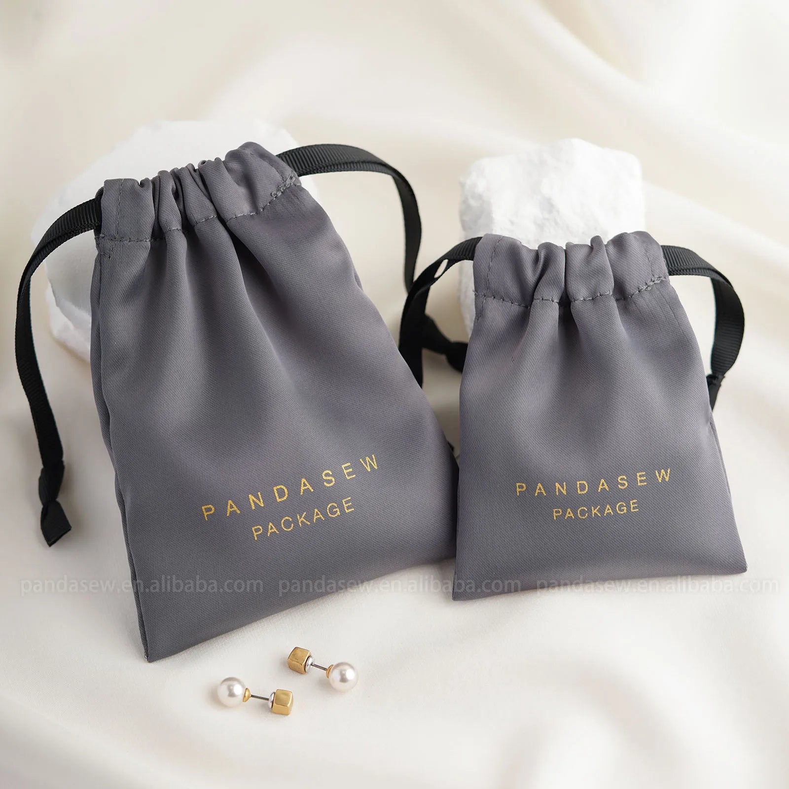 PandaSew Custom Jewelry Pouch Luxury Dense Silk Satin Drawstring Bag with Custom logo