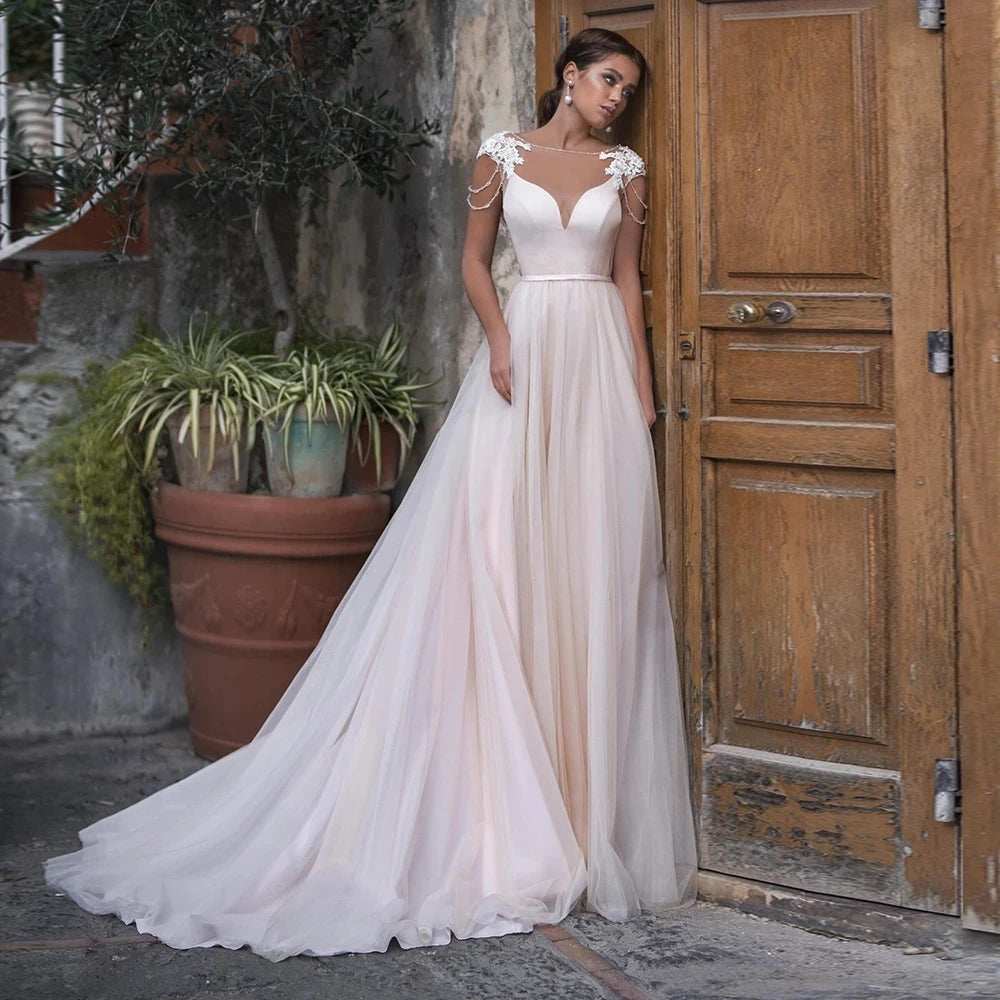 13557#Sexy Boat Neck Vestido De Novia Sleeveless Outdoor Boho Tulle Backless A-Line Lace Applique Wedding Dress Bride Gown