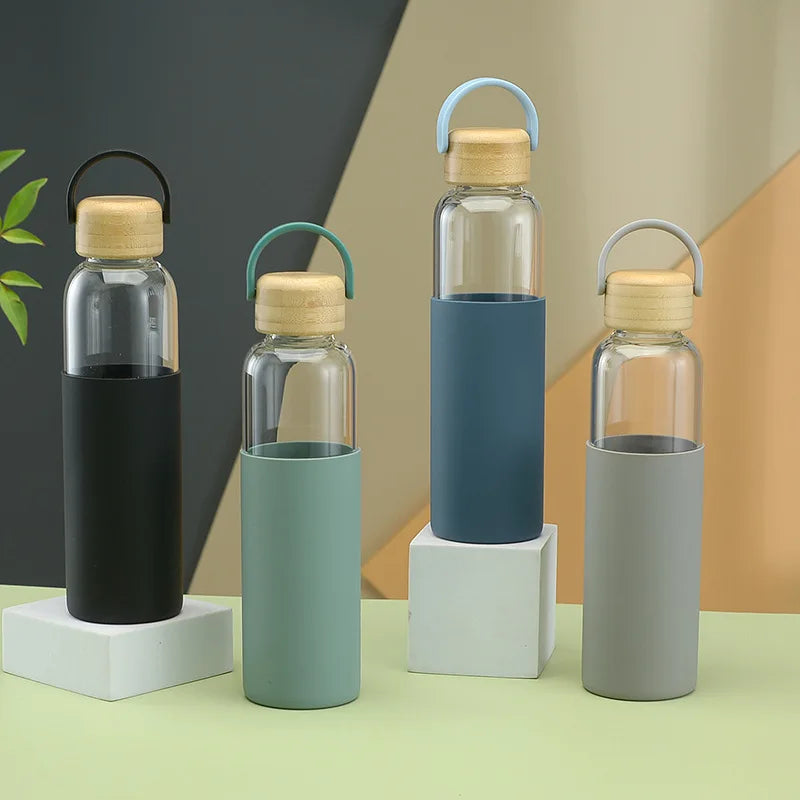 Safe Borosilicate Glass Water Bottle with Protective Silicone Sleeve Bamboo Lid Portable Microwave Dishwasher Safe Travel Ready