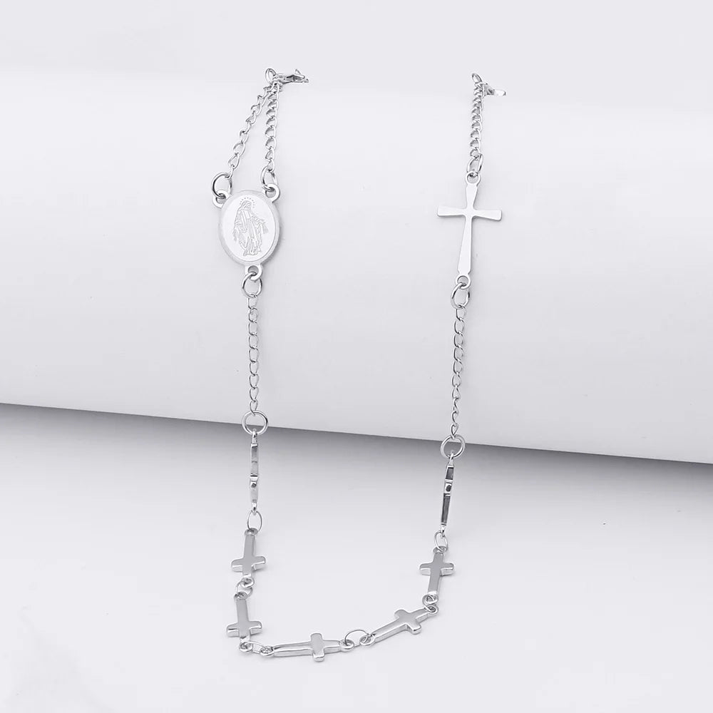 Stainless Steel Cross Virgin Mary Pendant Necklace Long Chain Necklace for Catholic Christian Rosary Jewelry