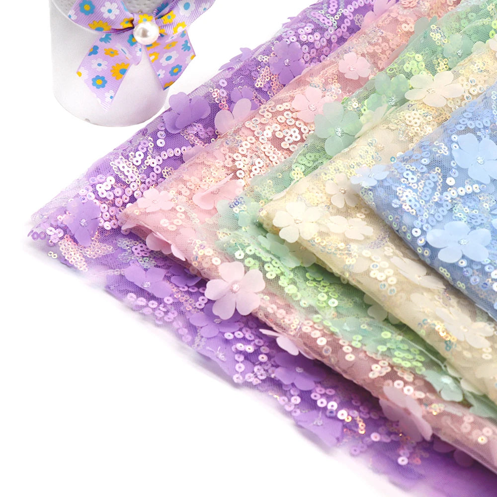 Hot Sale 90*135cm Diy Sequins Shabby Wedding 3D Flower Embroidered Mesh Lace Fabric for Dress Sewing Supplies Crafts