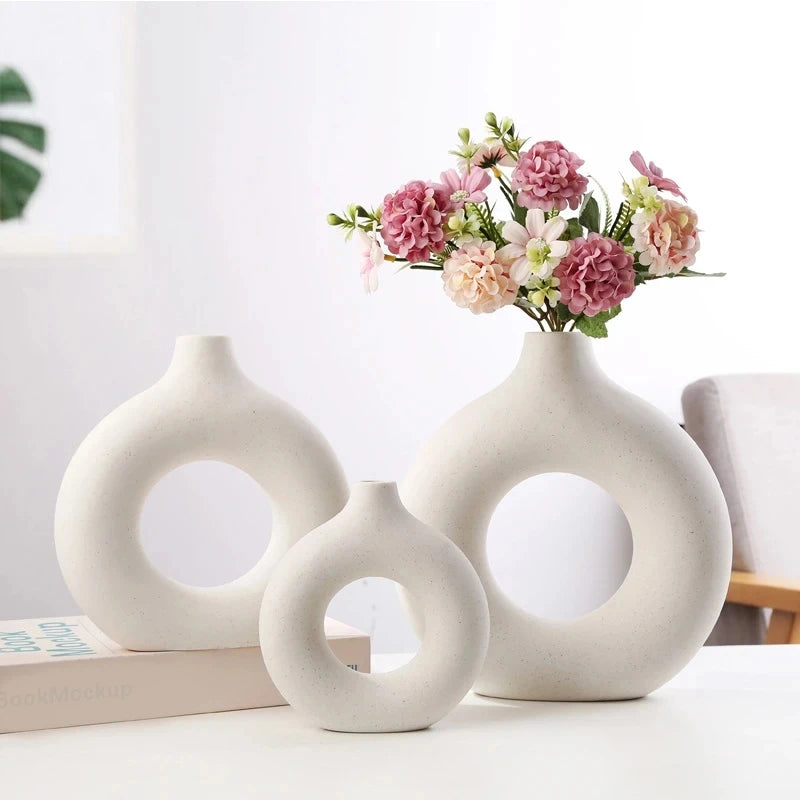 Nordic Ceramic Donut Vase Dried Flower Arrangemet Home Decoration Accessories Office Desktop Living Room Flower Vases