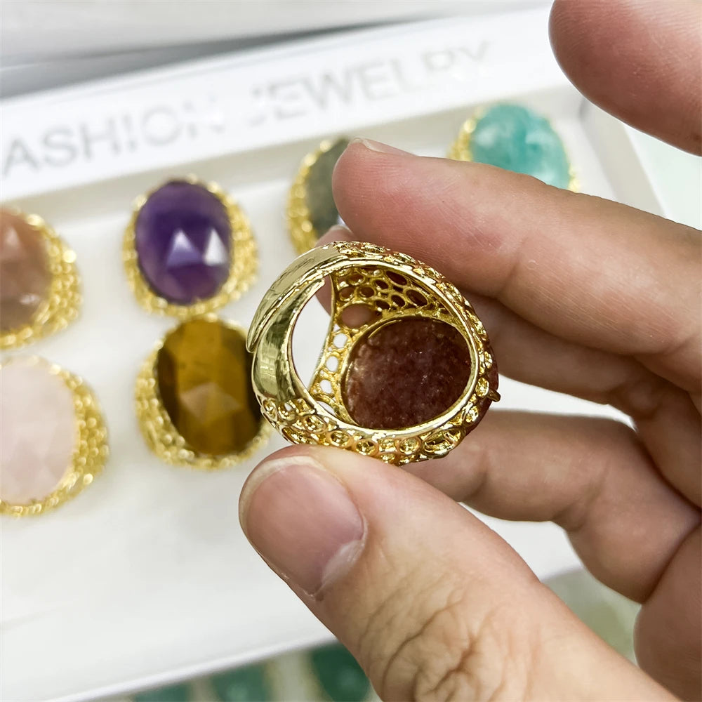 Wholesale in Stock Natural Rough Stone Oval Amethyst Rose Quartz Labradorite Open Adjustable Ring Fashion Jewelry Crystal Rings