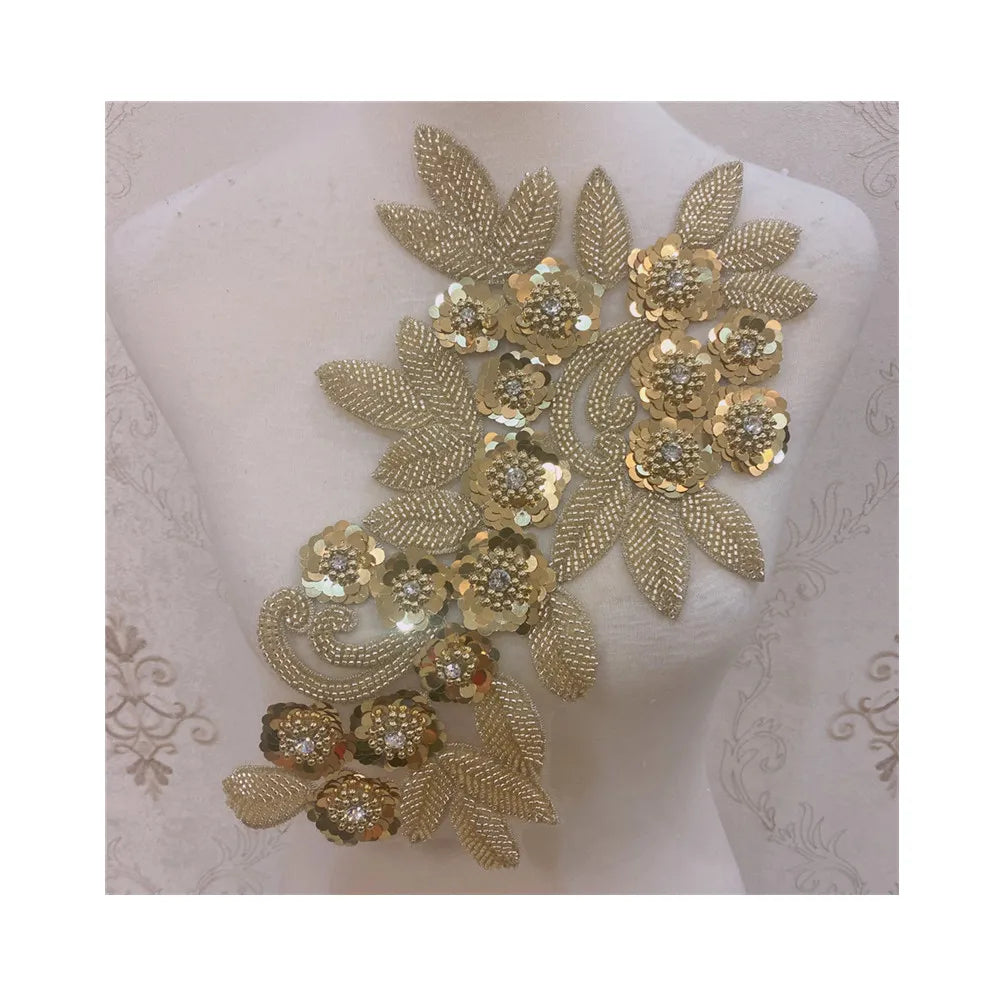 New Beaded Flower Lace Applique Sewing Bridal Wedding Trims Motif Embroidery 21*35cm
