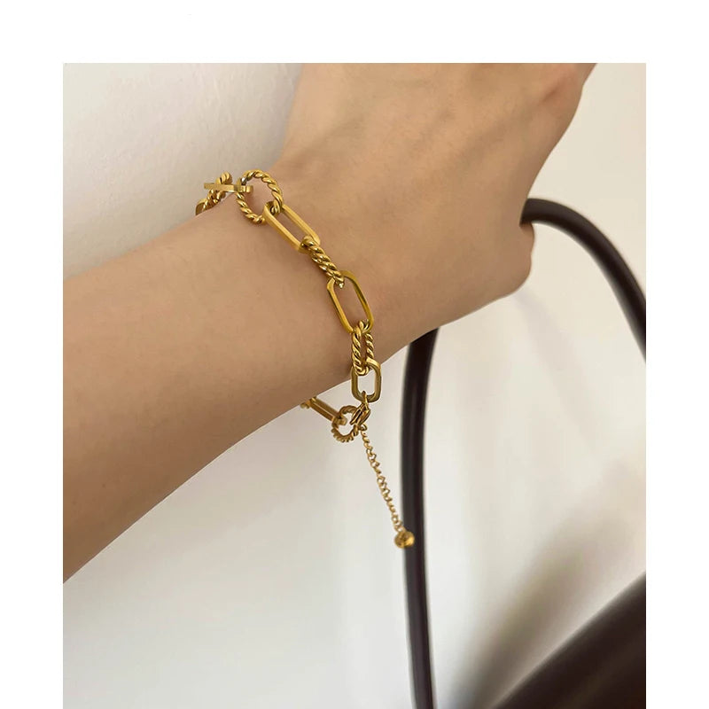 Mixed Twisted Chain 18K Gold Plated Bracelets Chunky Chain Bracelet Women Accessories Plain Minimalist Stainless Steel Jewelry