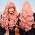 Wholesale Fast Shipping Color Light Pink Wig Curly Big Wave Wig Pink With Bangs Artificial Hair Soft Wig No Gel