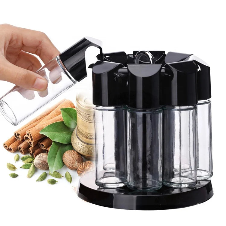 8Pcs Kitchen Spice Tools Storage Organizer Home Spice Rotating Spices Bottles Cooking Tools Glass Seasoning Rack Salt Pepper