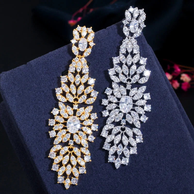 Shimmering Vintage Dubai Gold Plated CZ Cluster Flower Large Long Leaf Drop Wedding Bridal Earrings for Women Luxury Jewelry