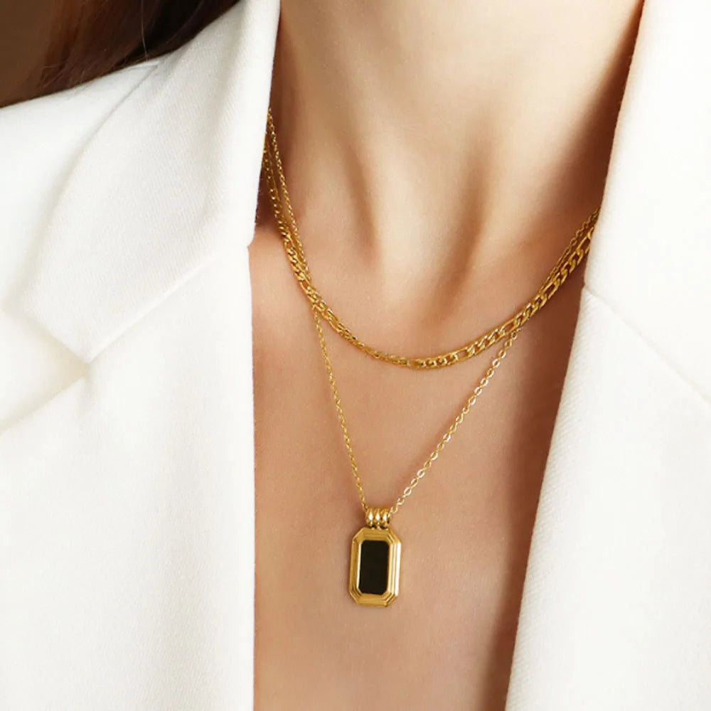 Women Non Tarnishin Double Layer 2 Layers Stainless Steel 18k Gold Chain square Pendant Necklace Waterproof Necklaces Jewelry