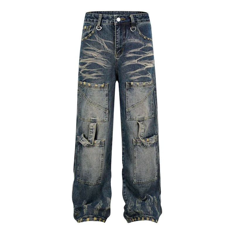Women Baggy Jeans Retro Heavy Industry Washed Multiple Pockets Metal Ring Buckle Hanging Strap  Distressed Jeans