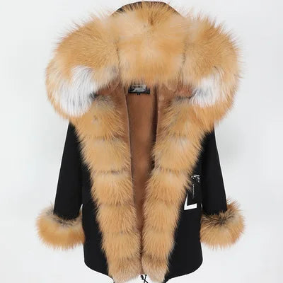 MAOMAOKONG Women Woven Fur Parka Coat Custom Detachable Faux Fur Lined Long Oversize Hooded Windproof Red Fox Fur Collar MegaBDM