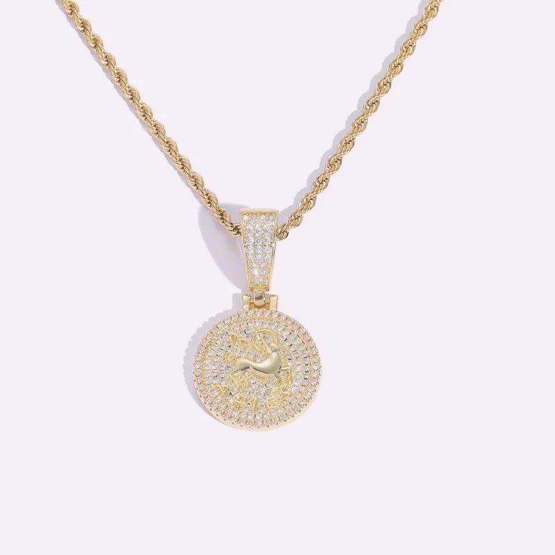 Women's Hip-Hop Style 12 Zodiac Inlaid Cubic Zirconia Pendant Necklace Gold Plated Link Chain Made Copper