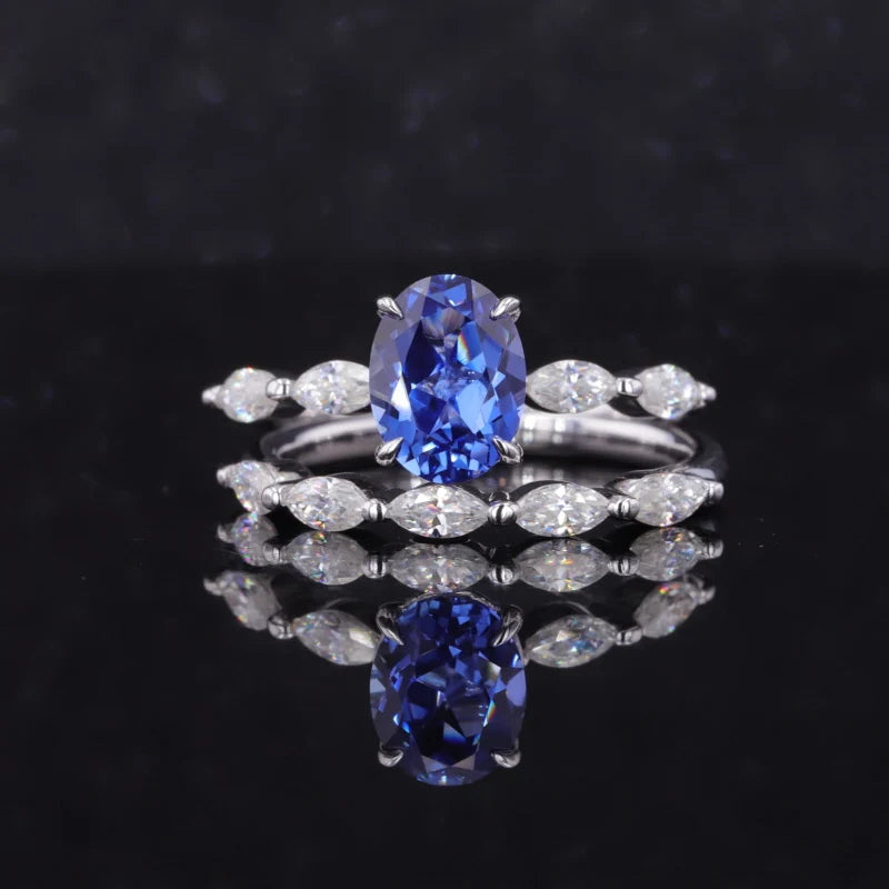 Starsgem 14K White Gold  Fashion Rings Lab Sapphire  and Moissanite Rings Combination Engagement Ring for Gift
