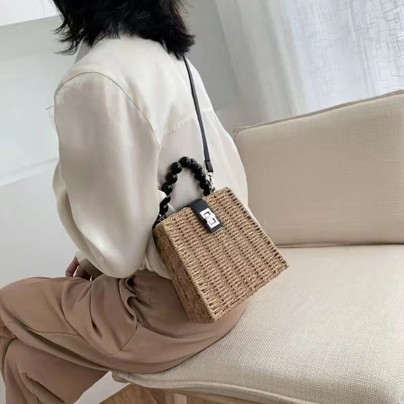 Ladies Crossbody Handbag Portable Rattan Straw Beach Bag with Beading Eco-Friendly Two Handles for Women & Parties