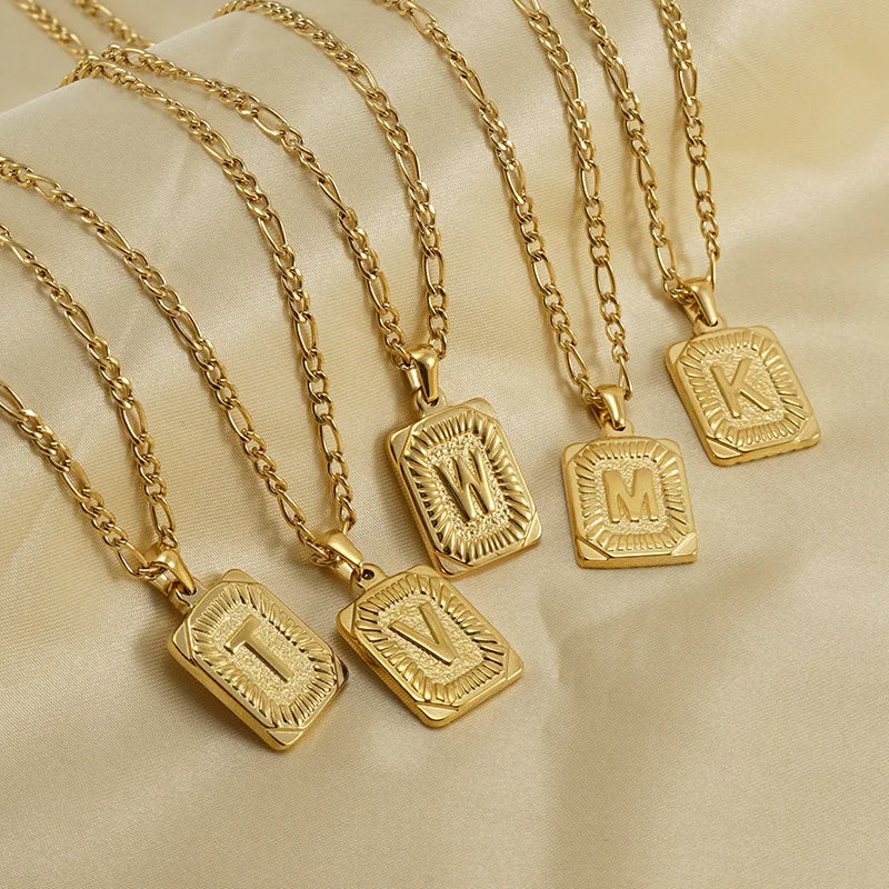 Fashion 18K Gold Plated Square Alphabet Initial Necklace Stainless Steel 26 Initial Letter Figaro Chain Necklace Women