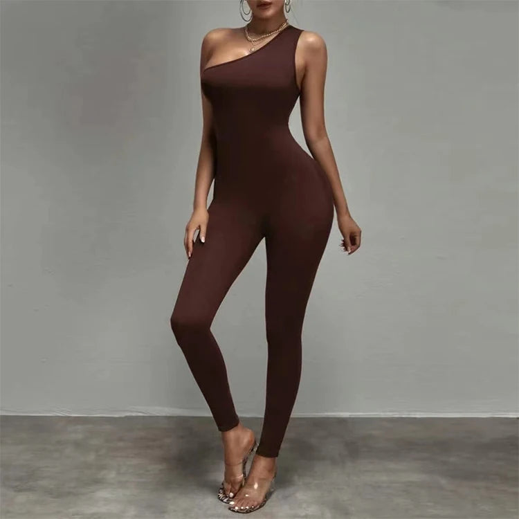 Summer 2026 Trend Women's Clothes Custom Ladies Sexy Sleeveless Solid Ribbed Bodycon Jumpsuit Party One Shoulder Jumpsuits