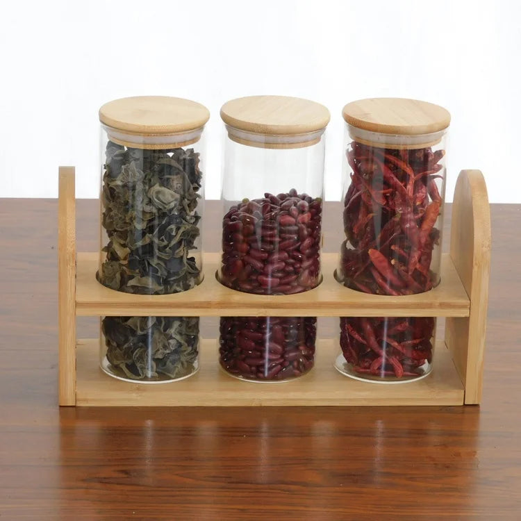 Eco-friendly Clear Microwavable Spice Glass Jars 3Pcs Sets with Bamboo Frame Base Storage Kitchen Bottles for Giveaways