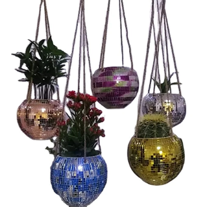 Factory Price Mirror Disco Ball Hanging Planter Hand-Painted Mirror Ball Flower Baskets With Rope for Indoor Ceiling Wall Decor