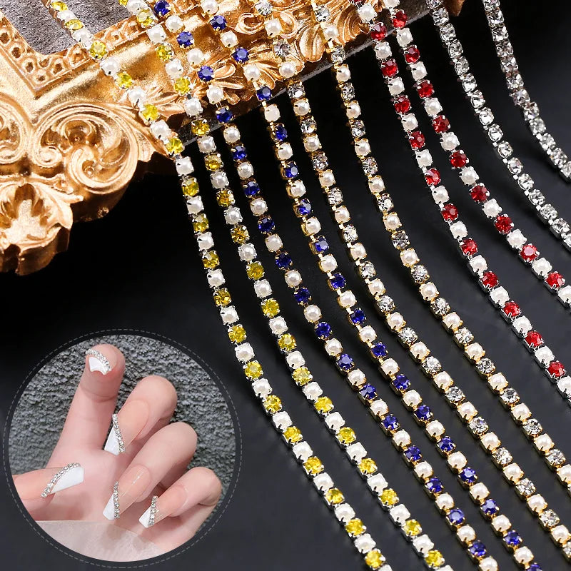 Wholesale 25cm Nail Art Rhinestone Chains 3D Metal Zircon Chains Silver Crystal Diamond Pearl Nail Art Decorations