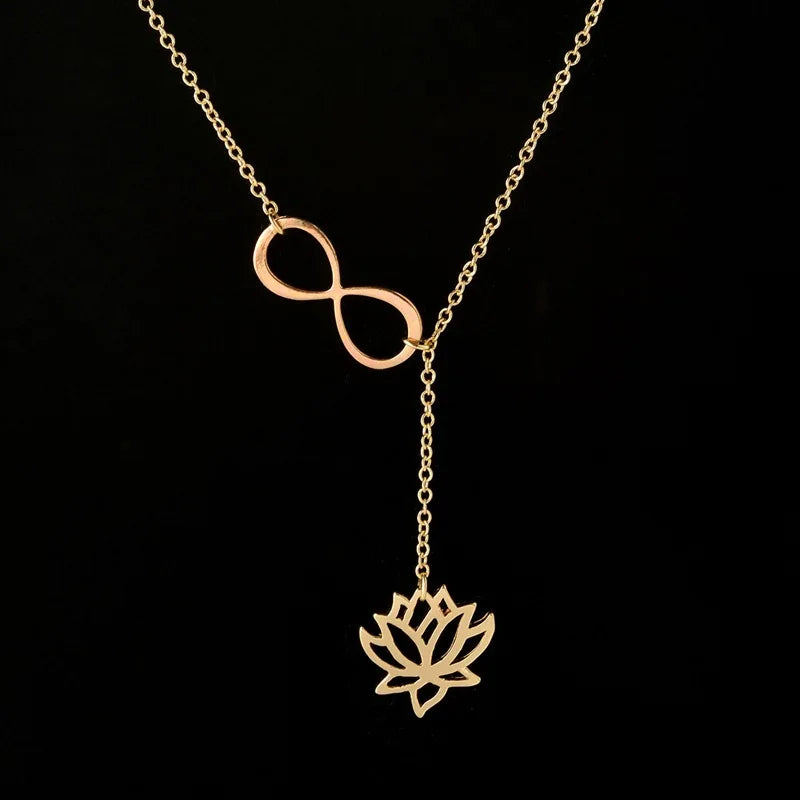 Chic Stainless Steel Lotus Flower Pendant Necklace 8 Shape Infinity Necklace Women Girls