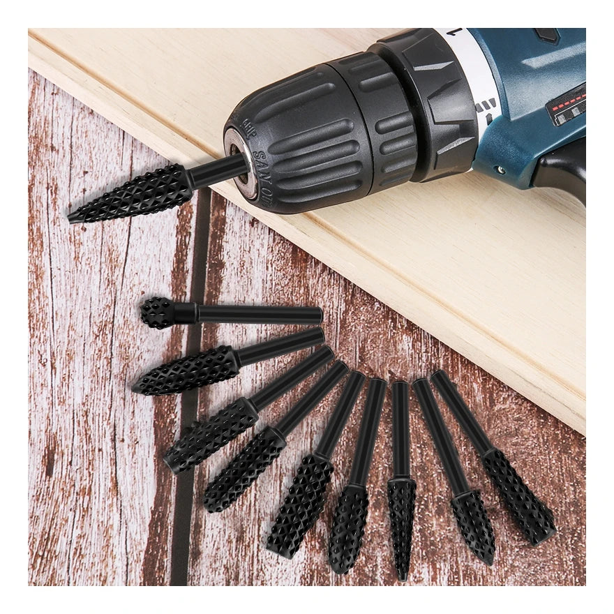 10pcs Set Woodworking Rotary Burr Set Carving Knife Burr File Rasp Drill Bit for Wood Carving Heavy Duty Tool