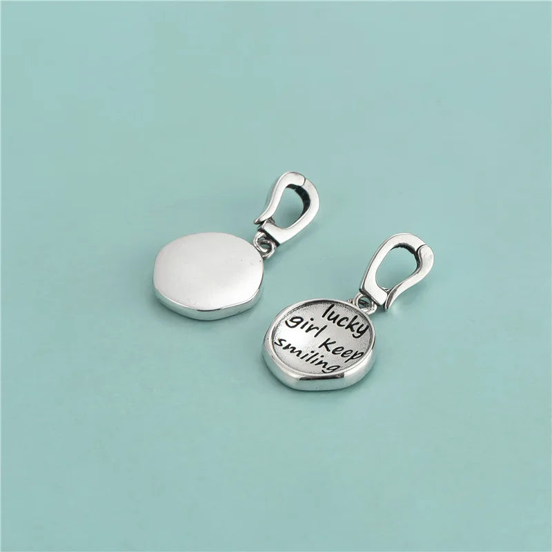 Antique 925 Sterling Silver Engrave Lucky Girl Keep Smile Words Round Disc Charms for Girl Gift Jewelry Making