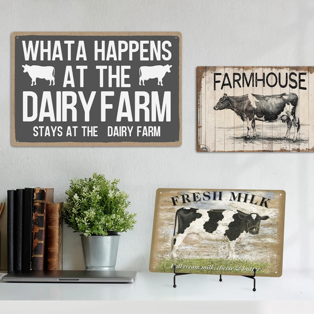 Putuo Decor Farmhouse Tin Sign Vintage Metal Plate Sign with Farm Style Chicken and Cow Milk Design MegaBDM