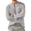Men's Casual Solid Color V-Neck Shirt Lightweight Polyester Cotton Linen Beach Top Long Sleeves Pockets Breathable Fashion