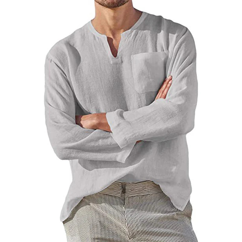 Men's Casual Solid Color V-Neck Shirt Lightweight Polyester Cotton Linen Beach Top Long Sleeves Pockets Breathable Fashion