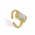 Hand Carved  Rough Engagement Ring 18K Gold Rectangle Diamond Concave Convex 925 Sterling Silver Textured Open Band Rings Zircon