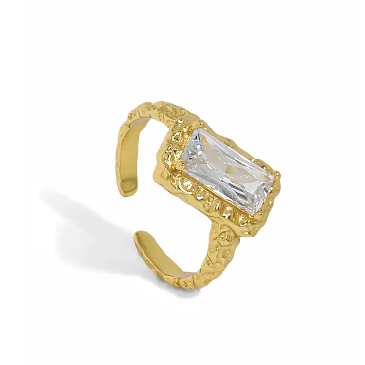 Hand Carved  Rough Engagement Ring 18K Gold Rectangle Diamond Concave Convex 925 Sterling Silver Textured Open Band Rings Zircon