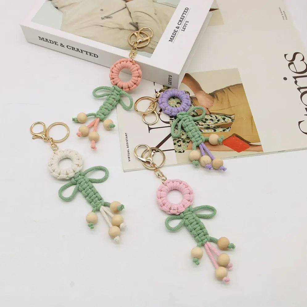 Bag Charm Pendant Creative Handwoven Weaving Macrame Bohemian Hollow Rope Key Chains Boho Handmade Flower Shape Cotton Keychain