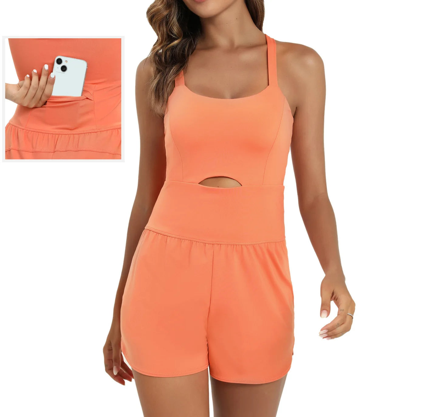 Orange Nylon Outdoor Quick-drying High-stretch Breathable Jumpsuit Women's Suspender Sports Yoga Jumpsuit Summer Back Pocket