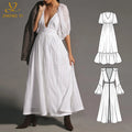 Custom Fashion Hot Selling Backless Linen Blend Maxi Women Dress Deep V-Neck Tie Bow Back Elegant White Casual Long Dresses