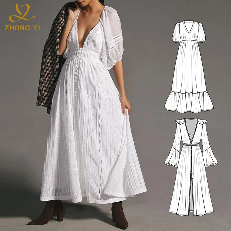 Custom Fashion Hot Selling Backless Linen Blend Maxi Women Dress Deep V-Neck Tie Bow Back Elegant White Casual Long Dresses