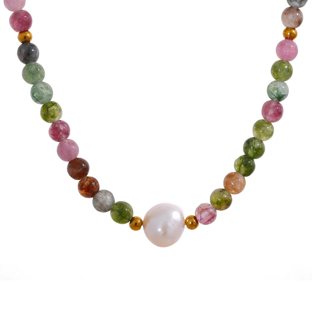 JINYOU 1164 Multicolor Natural Tourmaline Stone Pearl Semi-precious Bead Lady Necklace Handmade Stainless Steel Choker Necklace