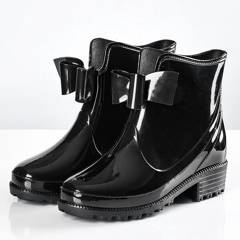 Women's New Solid Colour Cute Bow Rain Boots Sweet Elegant Ladies Waterproof Casual Shoes Non-slip Thick-soled Rain Boots